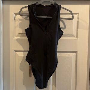 SKIMS Black Zip-Front Hooded One-Piece Swimsuit